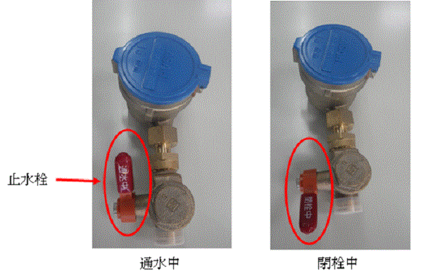 左:通水中の止水栓のレバーがが上部にある写真、右:閉栓中の止水栓のレバーが下方向にある写真