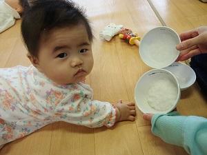 うつ伏せになり顔を持ち上げた1人の赤ちゃんと、その横で離乳食のサンプルのお茶碗を2つ並べて比較している様子の写真