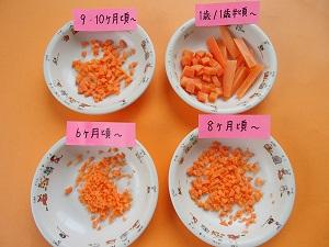 大きさを変えて刻んだにんじんが入った小皿に、それぞれ「6ケ月頃~」「8ケ月頃~」「9・10カ月頃~」「1歳、1歳半頃~」と書かれた付箋が貼られている写真