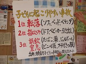 子どもにおこりやすい事故1位転落(ソファー、ベッド、ベランダ)2位指はさみ(ドア、ベビーカー、引き出し)3位誤飲窒息(ビニール袋、フード付きの服)と書かれたパネルの写真