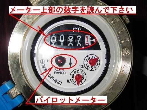 水道メーターの写真にてメーターカウンターとパイロットメーター部分が赤い丸で囲んである写真