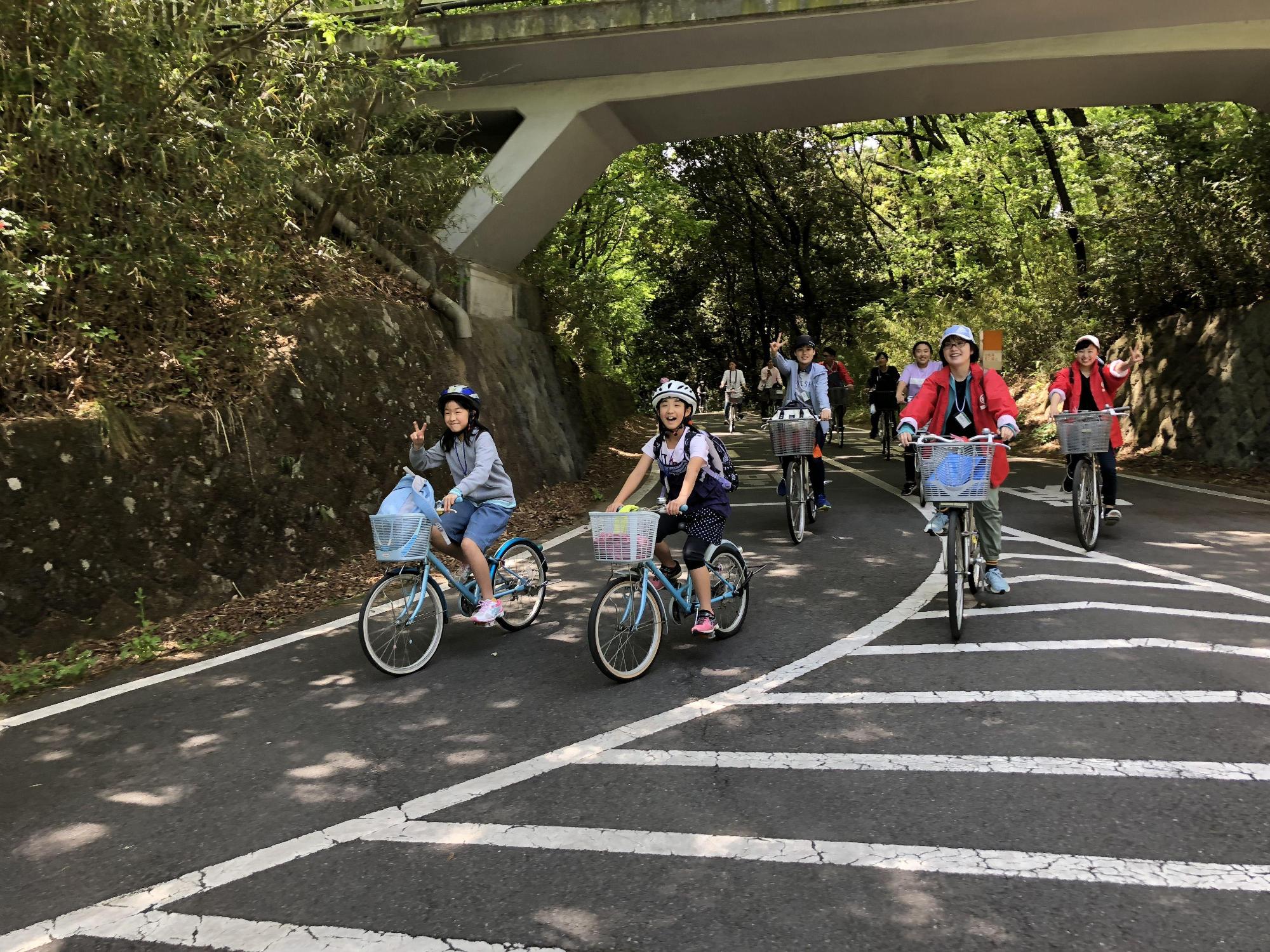森林公園の道で子供たちはヘルメットを被り、大人は帽子を被ってサイクリングを楽しんでいる参加者の写真