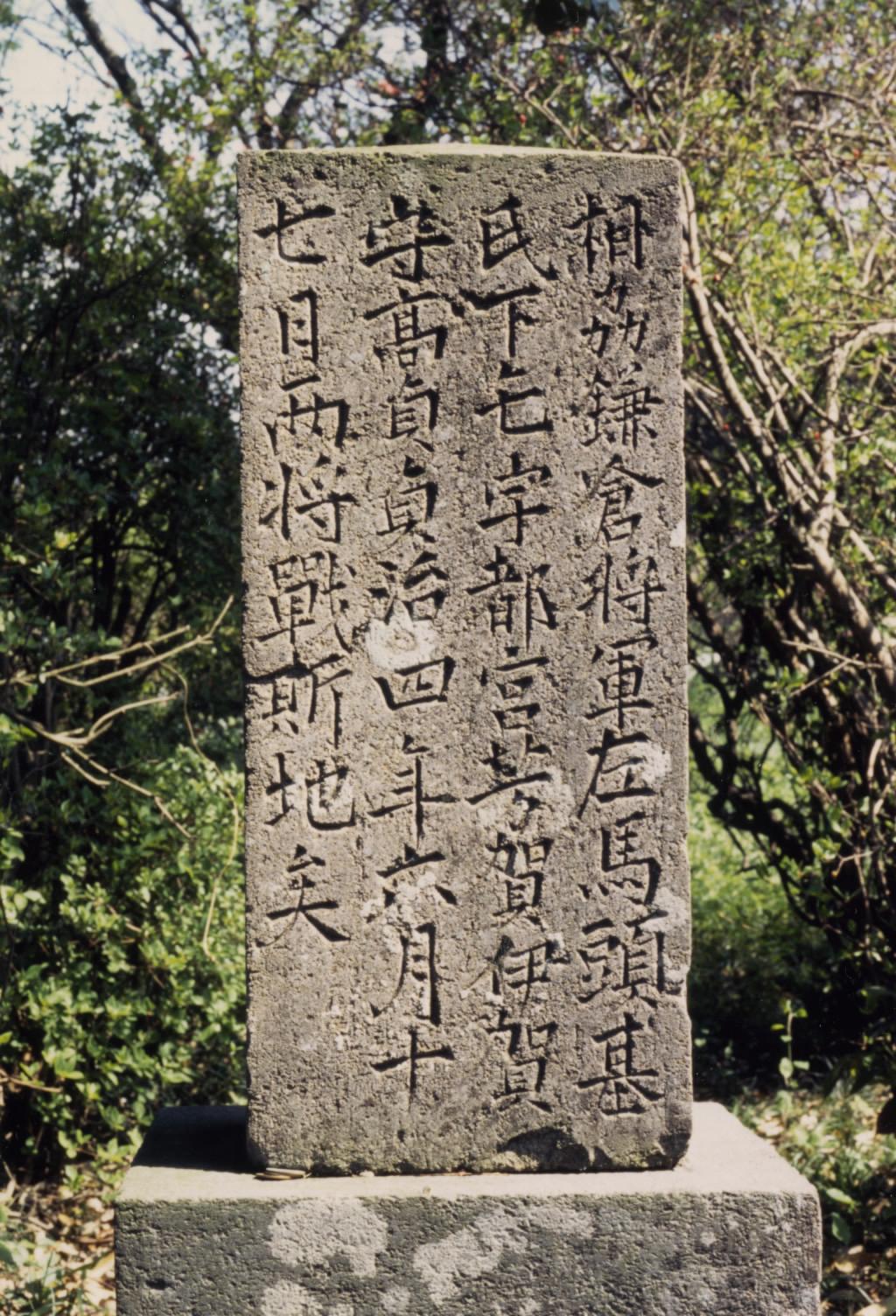漢字の文字が刻まれている苦林野合戦供養塔の背面写真