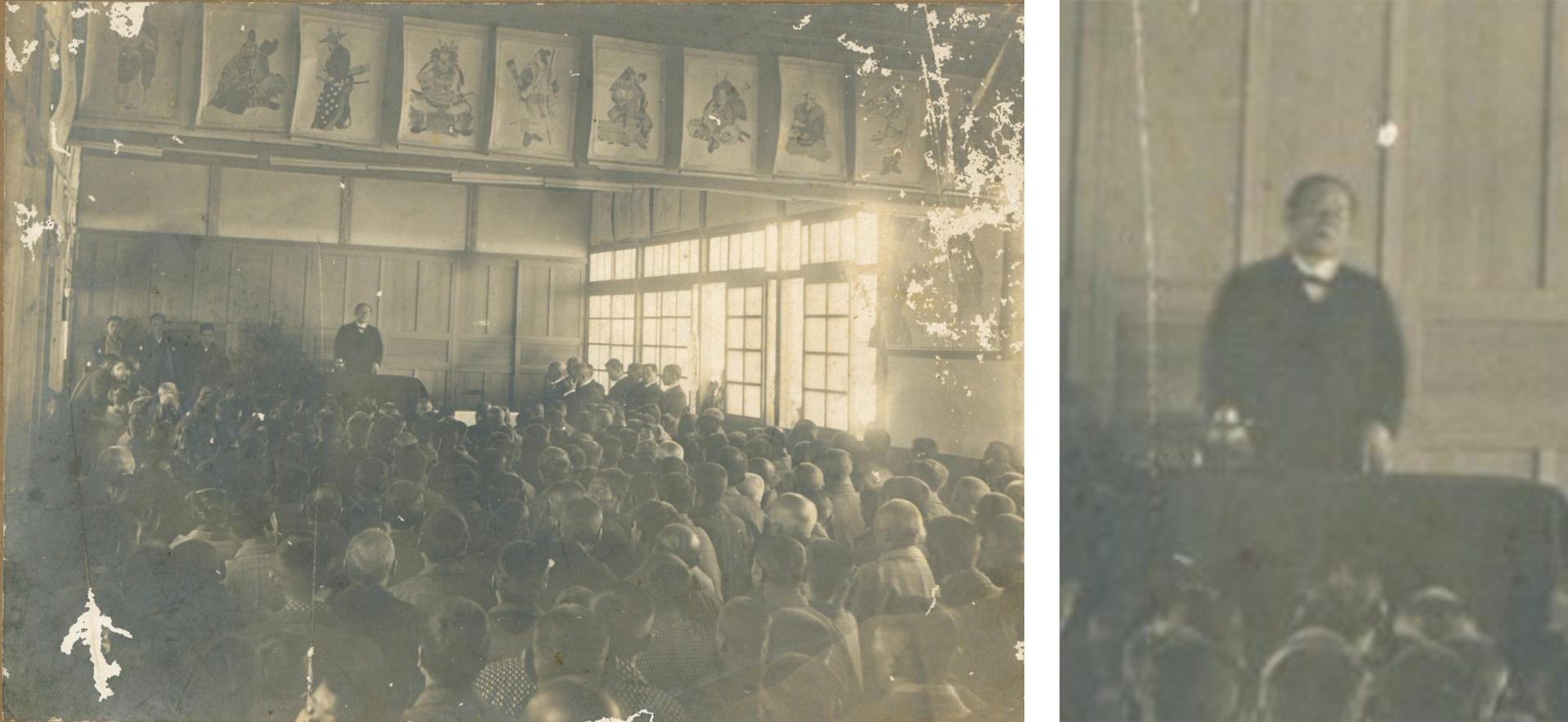 左：室内に沢山の子ども達が集まっており、前方の講演台の前に立って話をしている渋沢栄一が映る白黒写真と右：講演台で渋沢栄一が話をしている拡大写真