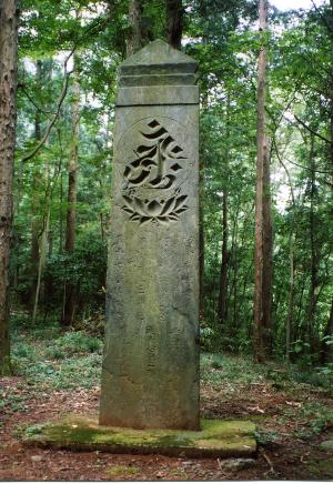 周りは木々に囲まれており、頭部が山形で下に二段の切込があり、身部には文字が刻まれている延慶の板碑の写真