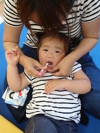 お母さんの膝の上に子どもの頭を乗せて、お母さんが歯ブラシを持って仕上げ磨きをしている様子の写真