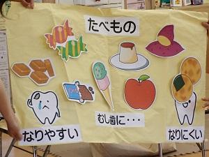 虫歯になりやすい食べ物（飴、チョコレート、アイスなど）と虫歯になりにくい食べ物（おせんべい、サツマイモ、りんごなど）のイラストを布に貼って知らしている写真