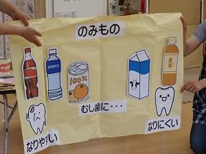 虫歯になりやすい飲み物（コーラ、100パーセントみかんジュースなど）と虫歯になりにくい飲み物（牛乳、麦茶）のイラストをクリーム色の布に貼って知らしている写真