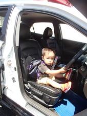 小さな男の子が運転席に座りハンドルを握っている写真
