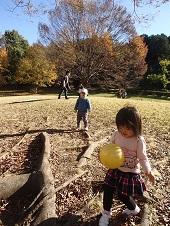 黄色のボールを右手に持った女の子が、木の根っこの上に乗って遊んでいる写真