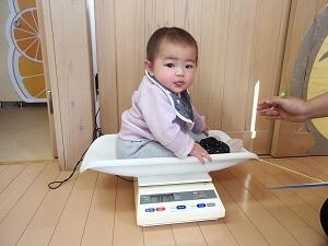体重計の縁を上手に握り頑張って座っている赤ちゃんの写真
