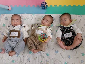 乳児3人が布団に横になる様子