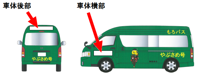車体後部と車体横部（助手席ドア）の広告が掲示される場所を示しているイラスト